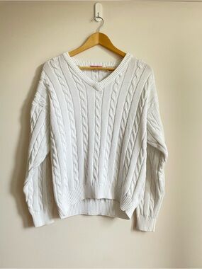 River Side 100% Cotton White Cable Knit V-Neck Sweater